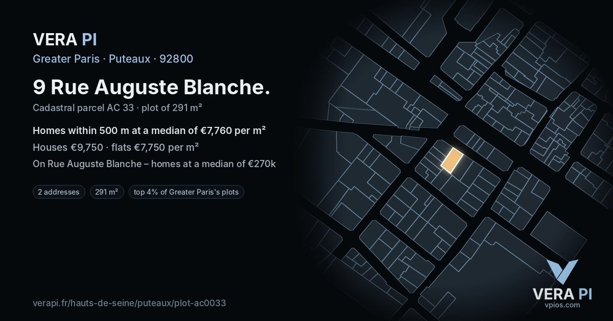 9 Rue Auguste Blanche, Puteaux at night – the plot lit, the parcels around coloured by the prices near them