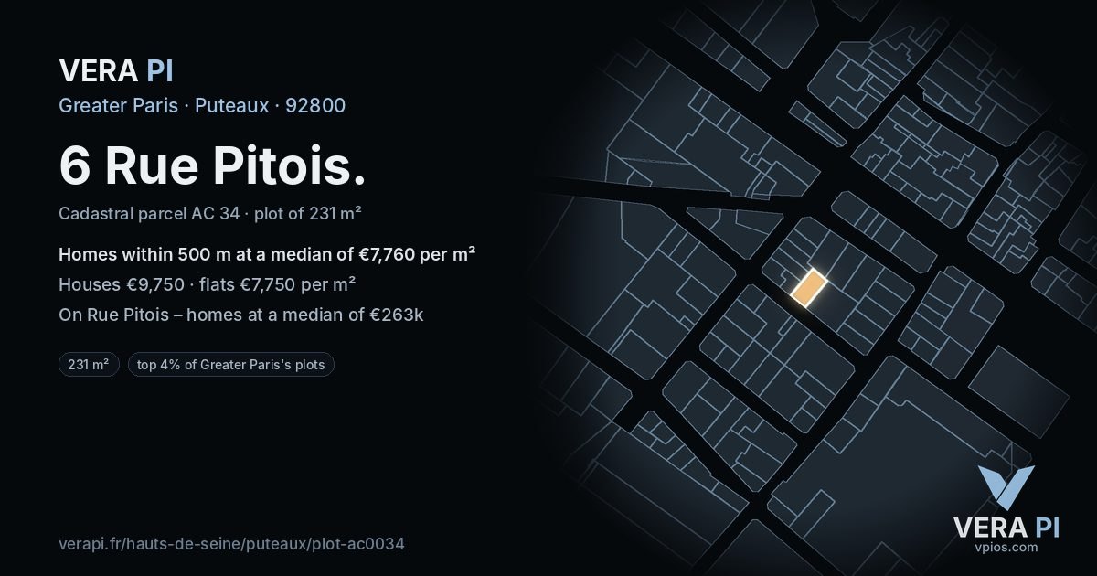 6 Rue Pitois, Puteaux at night – the plot lit, the parcels around coloured by the prices near them