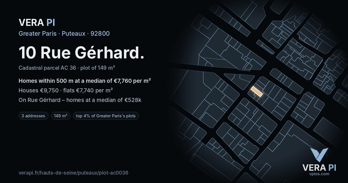 10 Rue Gérhard, Puteaux at night – the plot lit, the parcels around coloured by the prices near them