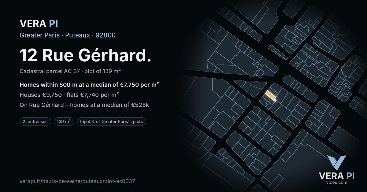 12 Rue Gérhard, Puteaux at night – the plot lit, the parcels around coloured by the prices near them