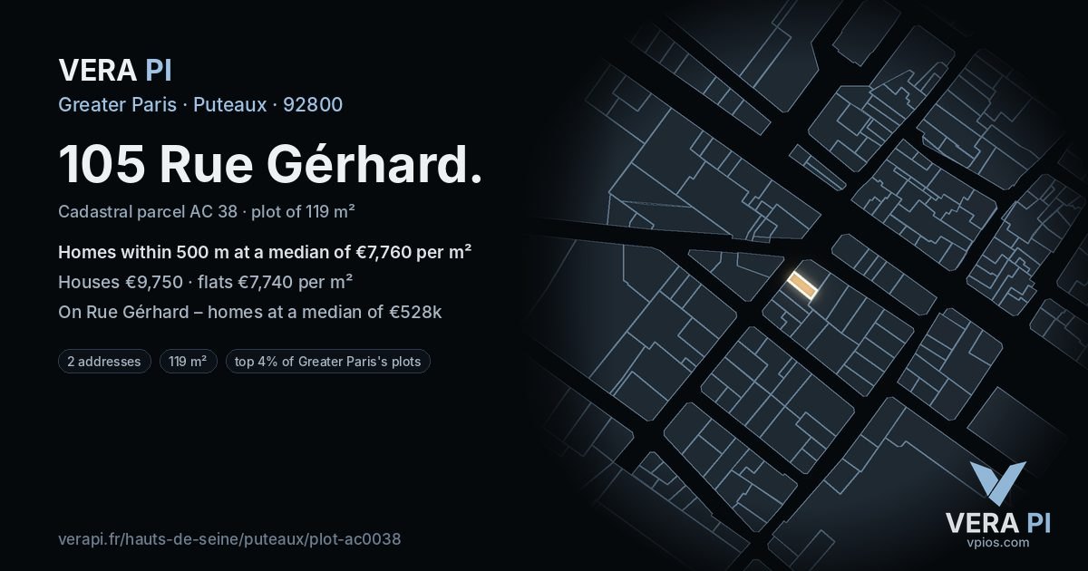 105 Rue Gérhard, Puteaux at night – the plot lit, the parcels around coloured by the prices near them