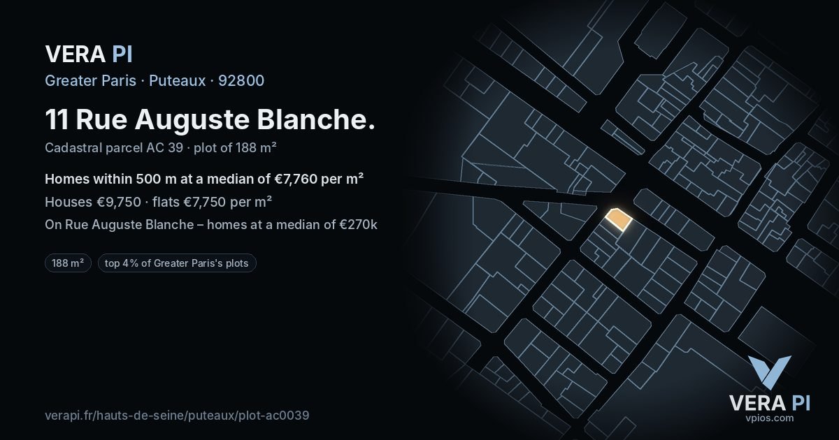 11 Rue Auguste Blanche, Puteaux at night – the plot lit, the parcels around coloured by the prices near them