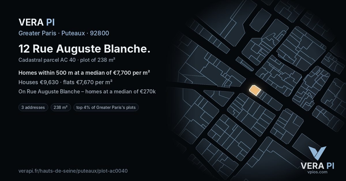 12 Rue Auguste Blanche, Puteaux at night – the plot lit, the parcels around coloured by the prices near them