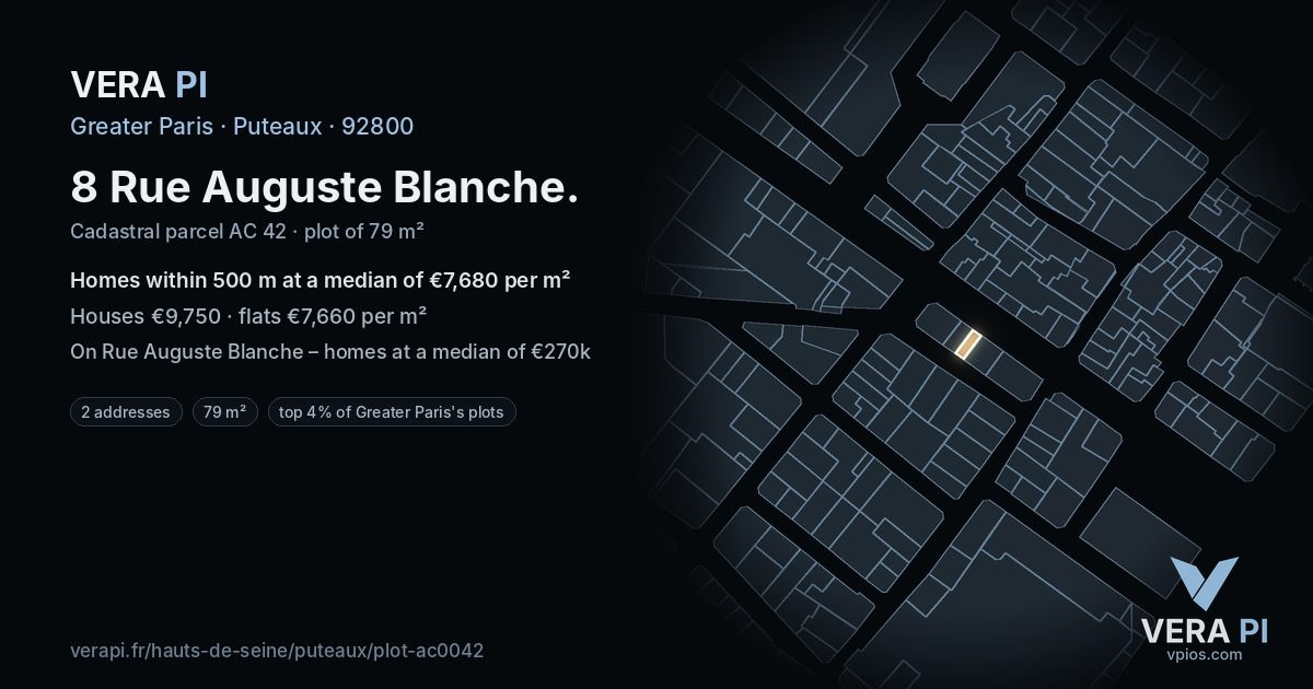 8 Rue Auguste Blanche, Puteaux at night – the plot lit, the parcels around coloured by the prices near them