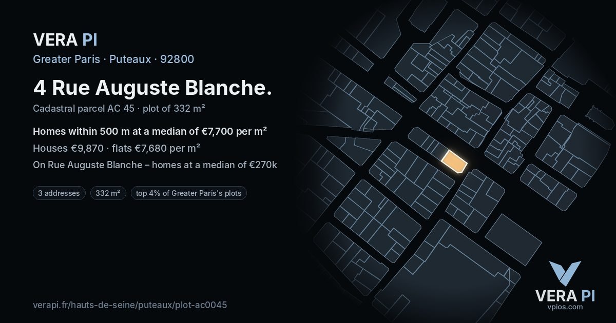 4 Rue Auguste Blanche, Puteaux at night – the plot lit, the parcels around coloured by the prices near them