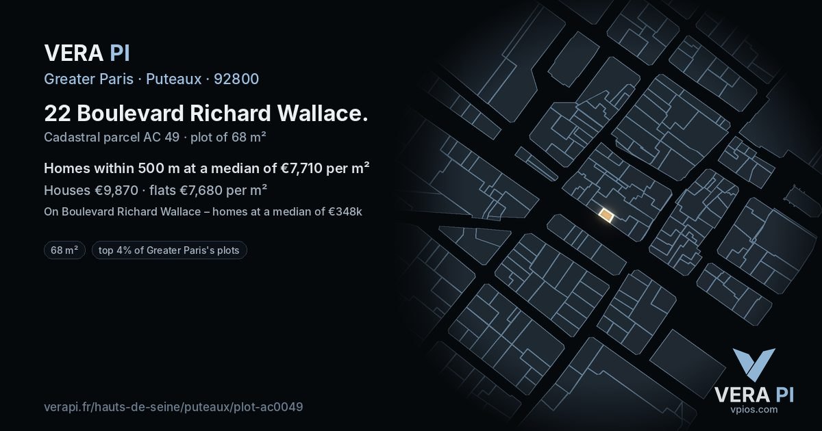 22 Boulevard Richard Wallace, Puteaux at night – the plot lit, the parcels around coloured by the prices near them