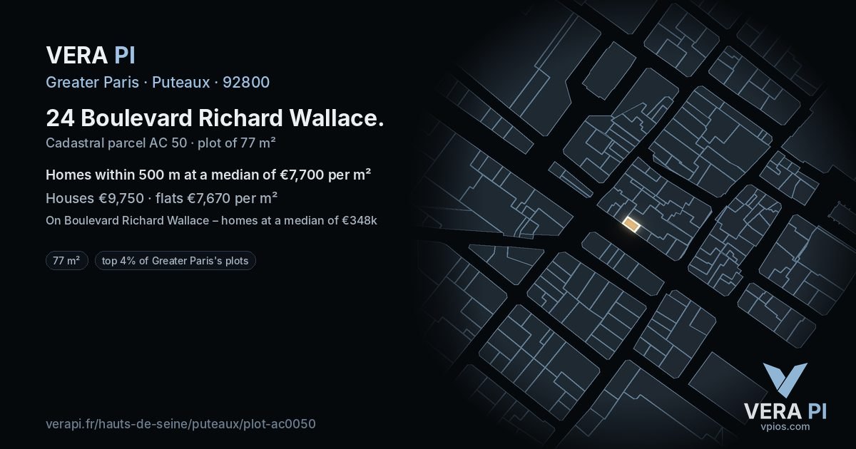 24 Boulevard Richard Wallace, Puteaux at night – the plot lit, the parcels around coloured by the prices near them