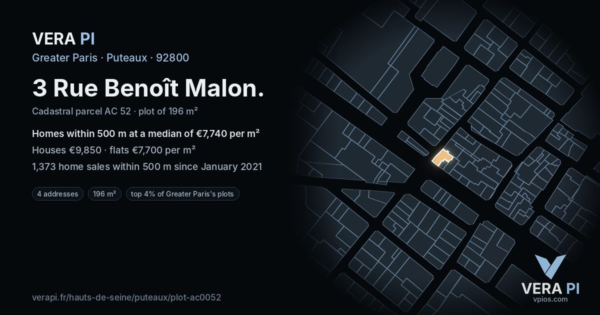 3 Rue Benoît Malon, Puteaux at night – the plot lit, the parcels around coloured by the prices near them