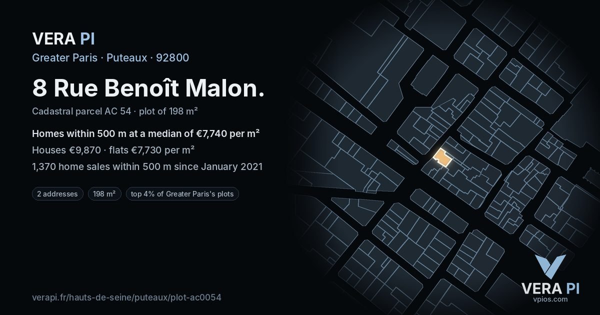 8 Rue Benoît Malon, Puteaux at night – the plot lit, the parcels around coloured by the prices near them