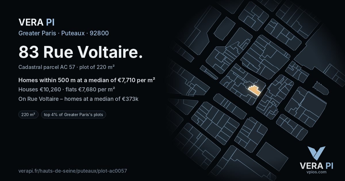 83 Rue Voltaire, Puteaux at night – the plot lit, the parcels around coloured by the prices near them