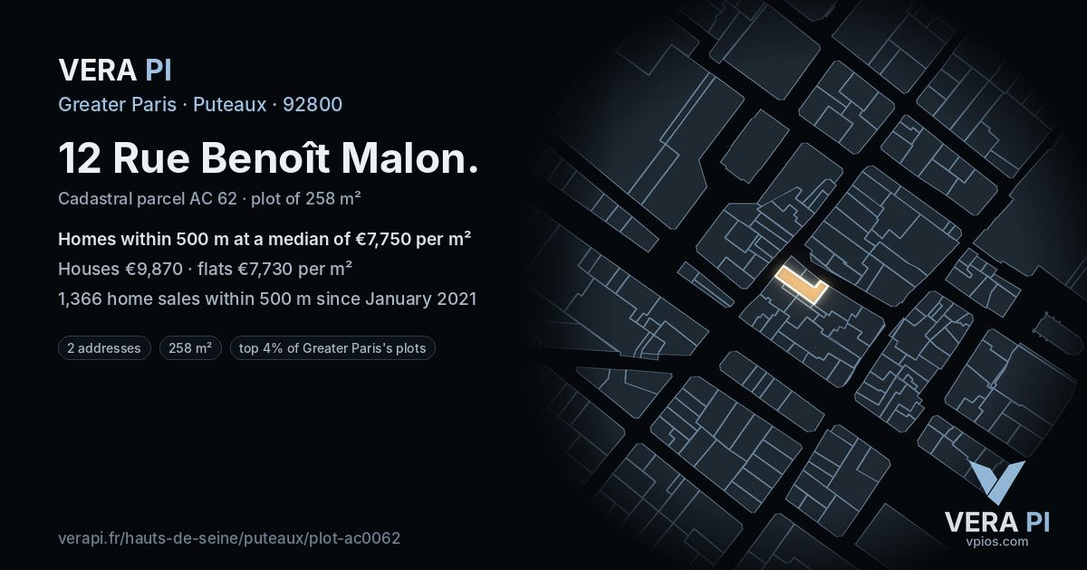 12 Rue Benoît Malon, Puteaux at night – the plot lit, the parcels around coloured by the prices near them