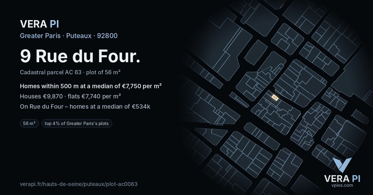 9 Rue du Four, Puteaux at night – the plot lit, the parcels around coloured by the prices near them