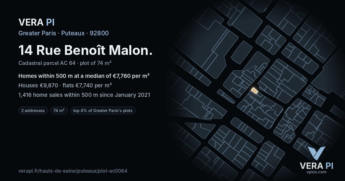 14 Rue Benoît Malon, Puteaux at night – the plot lit, the parcels around coloured by the prices near them