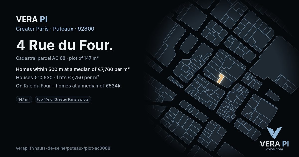 4 Rue du Four, Puteaux at night – the plot lit, the parcels around coloured by the prices near them