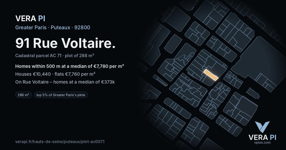 91 Rue Voltaire, Puteaux at night – the plot lit, the parcels around coloured by the prices near them