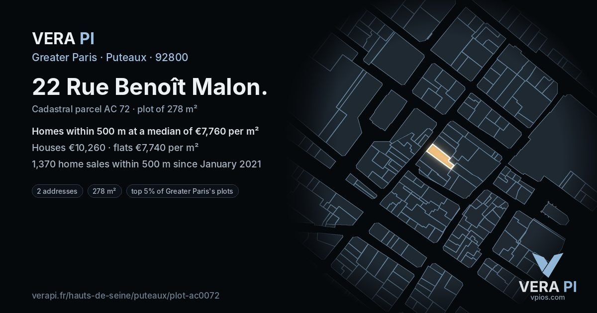 22 Rue Benoît Malon, Puteaux at night – the plot lit, the parcels around coloured by the prices near them