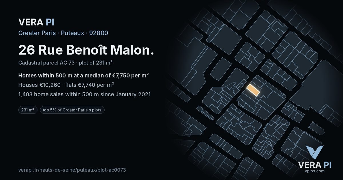 26 Rue Benoît Malon, Puteaux at night – the plot lit, the parcels around coloured by the prices near them