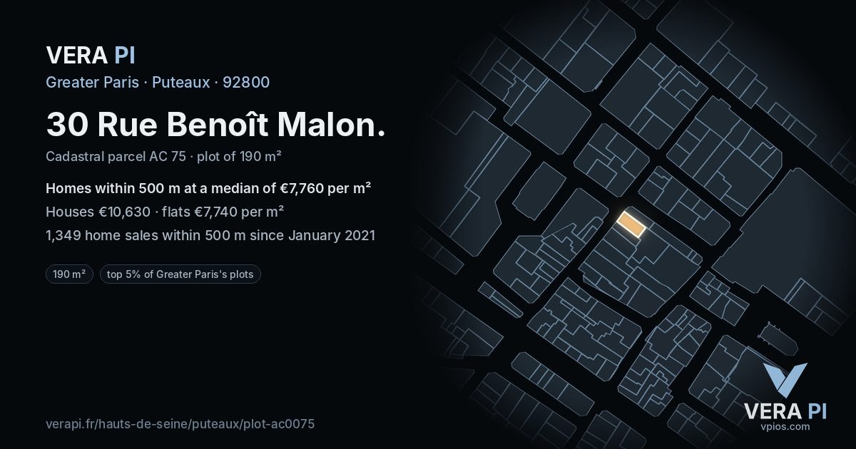 30 Rue Benoît Malon, Puteaux at night – the plot lit, the parcels around coloured by the prices near them