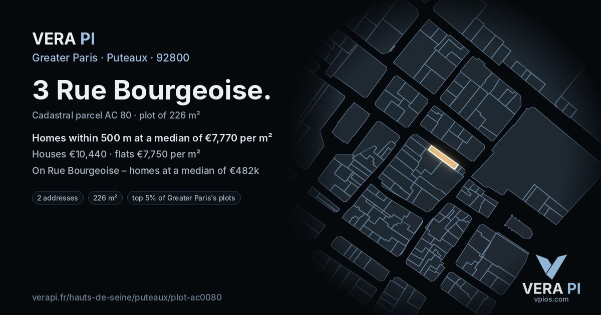 3 Rue Bourgeoise, Puteaux at night – the plot lit, the parcels around coloured by the prices near them