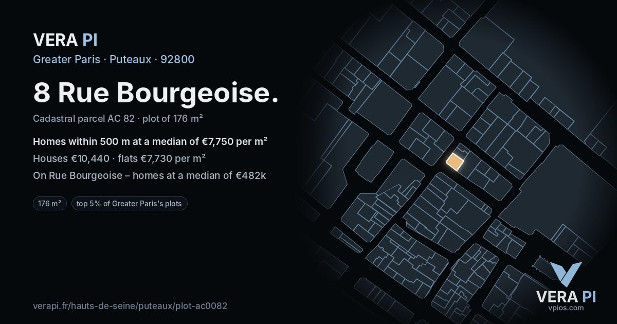 8 Rue Bourgeoise, Puteaux at night – the plot lit, the parcels around coloured by the prices near them