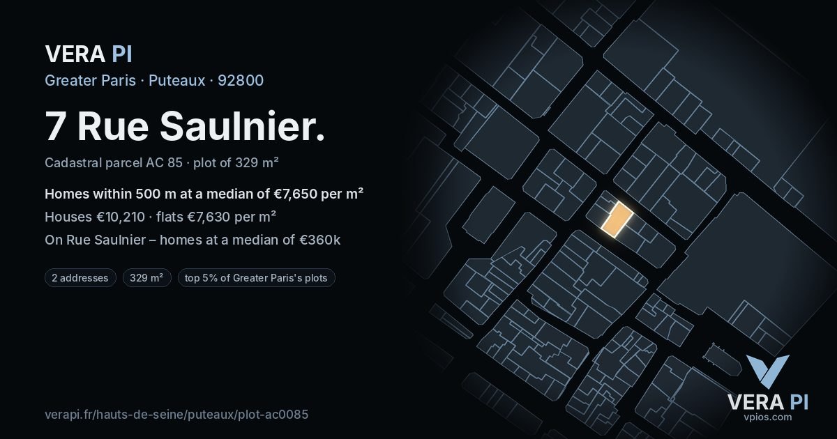 7 Rue Saulnier, Puteaux at night – the plot lit, the parcels around coloured by the prices near them