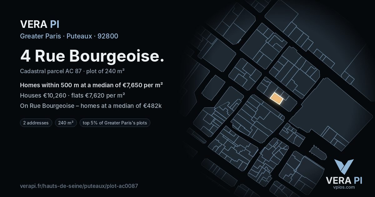4 Rue Bourgeoise, Puteaux at night – the plot lit, the parcels around coloured by the prices near them