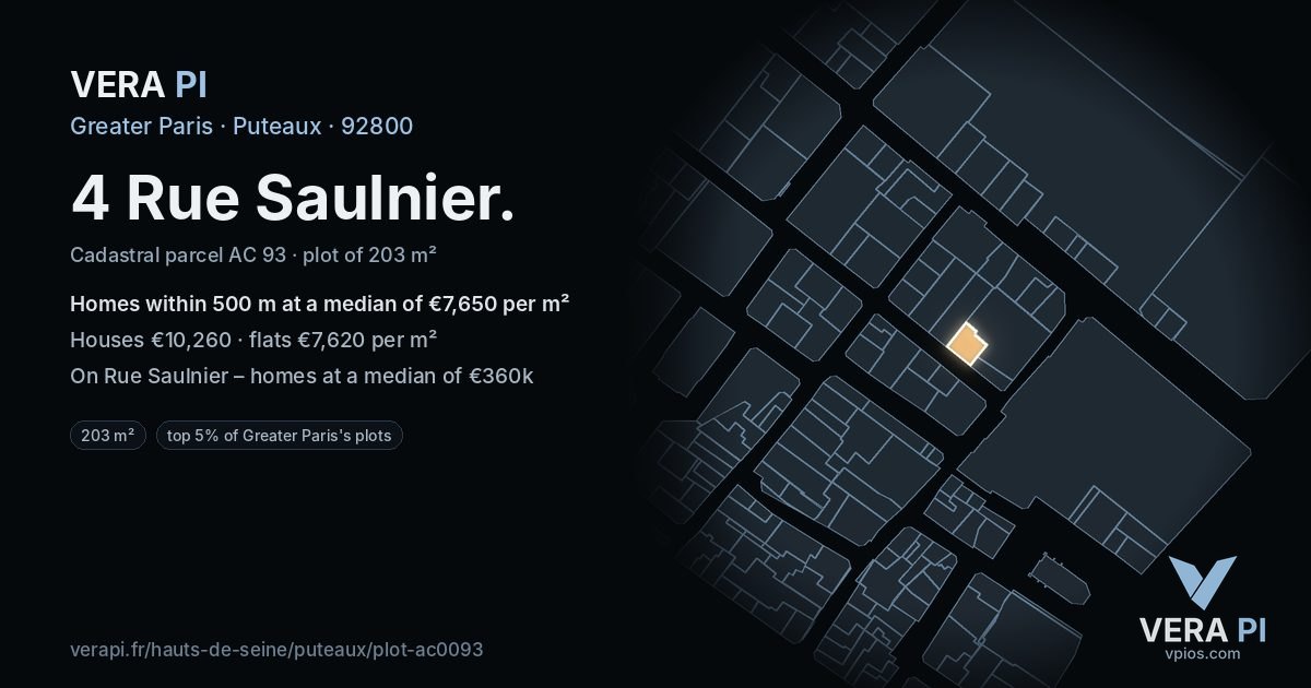 4 Rue Saulnier, Puteaux at night – the plot lit, the parcels around coloured by the prices near them