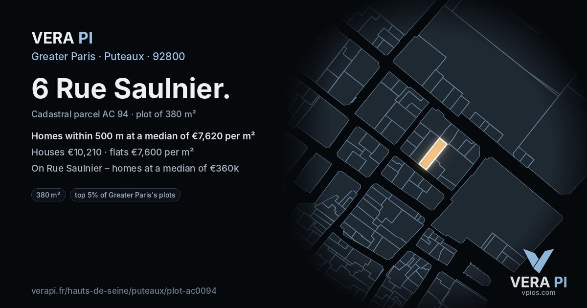 6 Rue Saulnier, Puteaux at night – the plot lit, the parcels around coloured by the prices near them