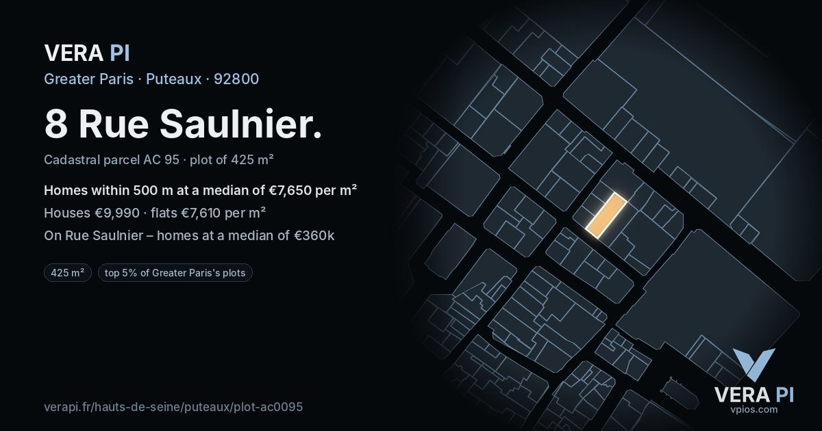 8 Rue Saulnier, Puteaux at night – the plot lit, the parcels around coloured by the prices near them