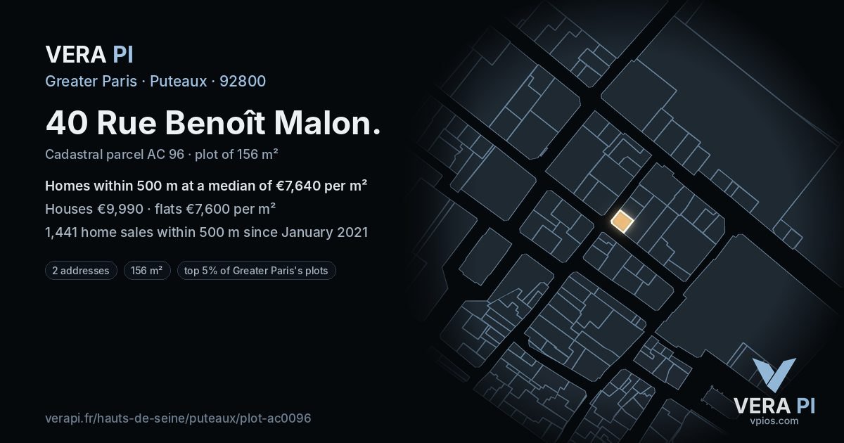 40 Rue Benoît Malon, Puteaux at night – the plot lit, the parcels around coloured by the prices near them