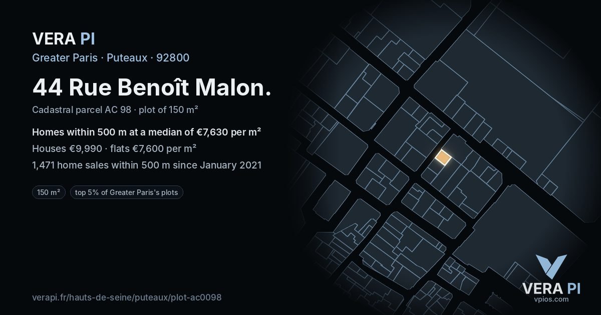 44 Rue Benoît Malon, Puteaux at night – the plot lit, the parcels around coloured by the prices near them