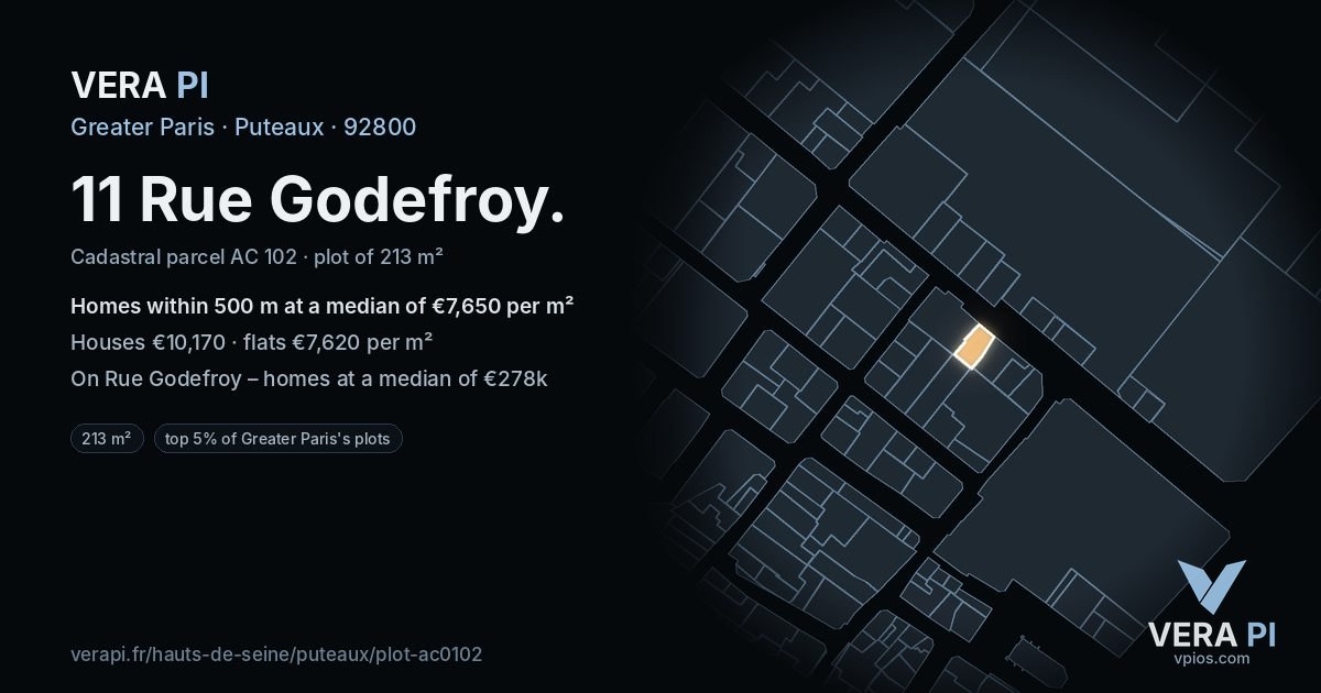 11 Rue Godefroy, Puteaux at night – the plot lit, the parcels around coloured by the prices near them