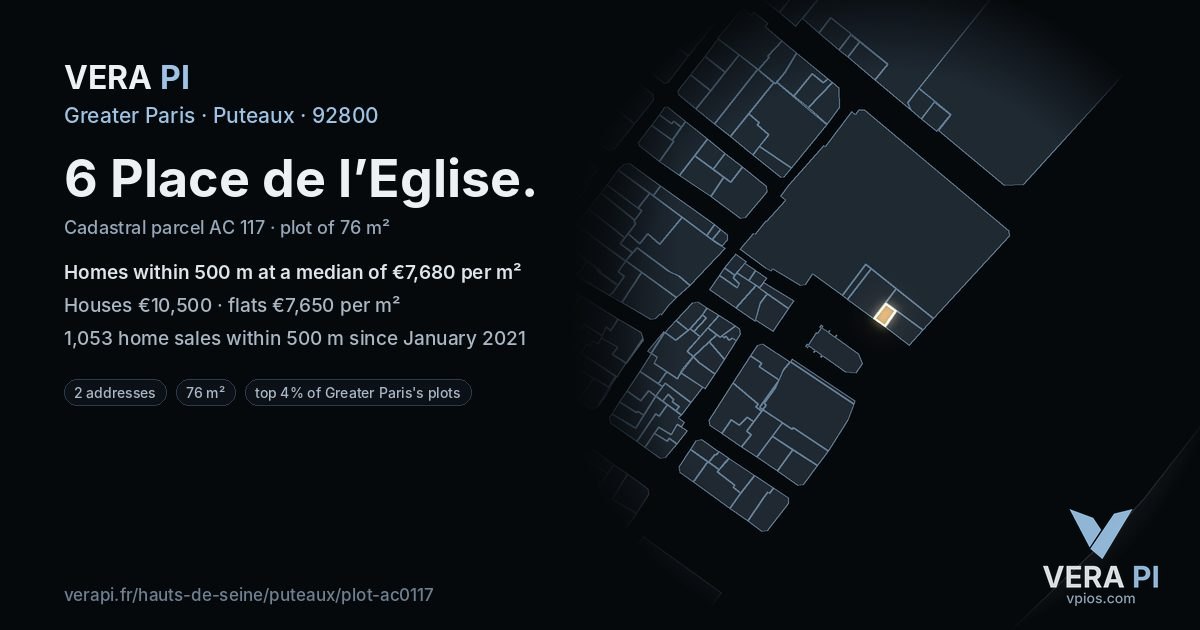 6 Place de l’Eglise, Puteaux at night – the plot lit, the parcels around coloured by the prices near them