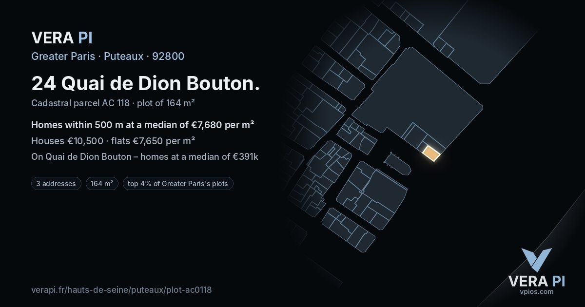 24 Quai de Dion Bouton, Puteaux at night – the plot lit, the parcels around coloured by the prices near them