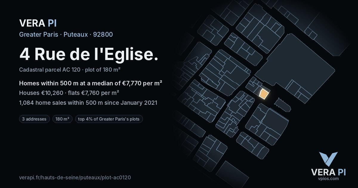 4 Rue de l'Eglise, Puteaux at night – the plot lit, the parcels around coloured by the prices near them