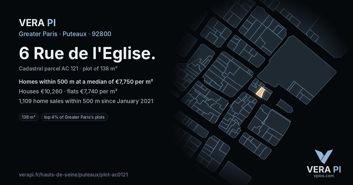 6 Rue de l'Eglise, Puteaux at night – the plot lit, the parcels around coloured by the prices near them