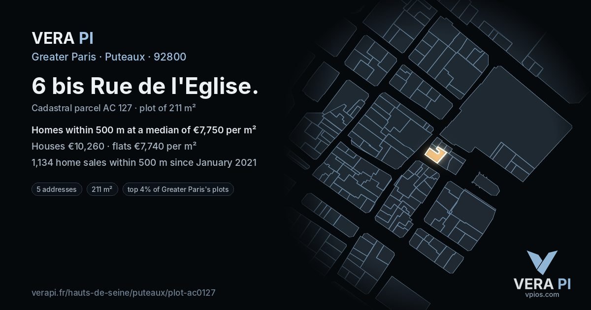 6 bis Rue de l'Eglise, Puteaux at night – the plot lit, the parcels around coloured by the prices near them
