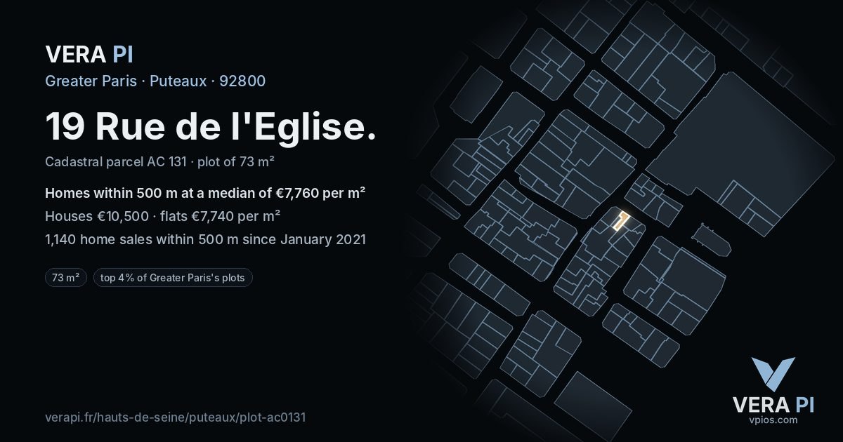 19 Rue de l'Eglise, Puteaux at night – the plot lit, the parcels around coloured by the prices near them