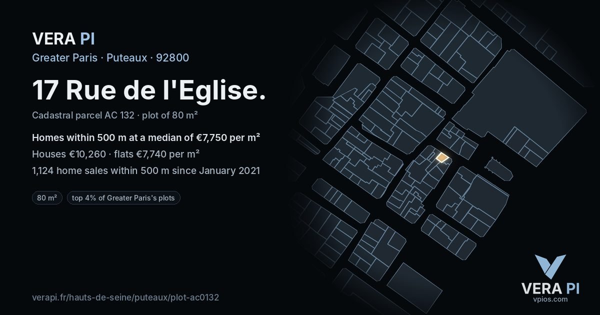 17 Rue de l'Eglise, Puteaux at night – the plot lit, the parcels around coloured by the prices near them