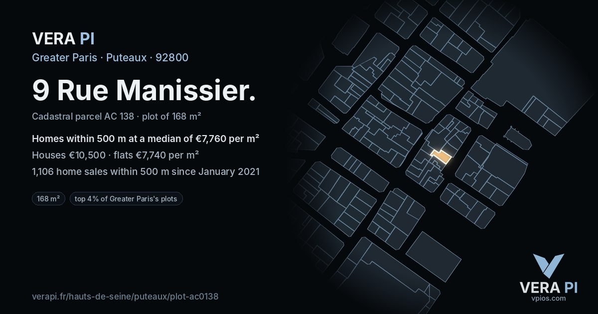 9 Rue Manissier, Puteaux at night – the plot lit, the parcels around coloured by the prices near them