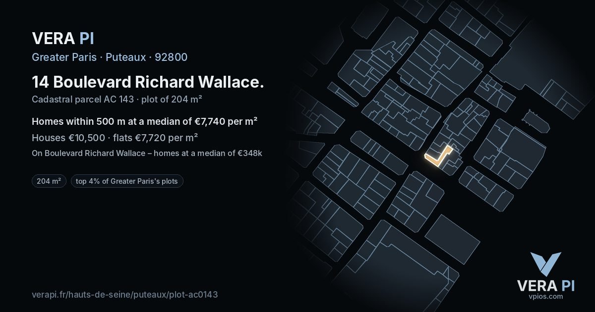 14 Boulevard Richard Wallace, Puteaux at night – the plot lit, the parcels around coloured by the prices near them