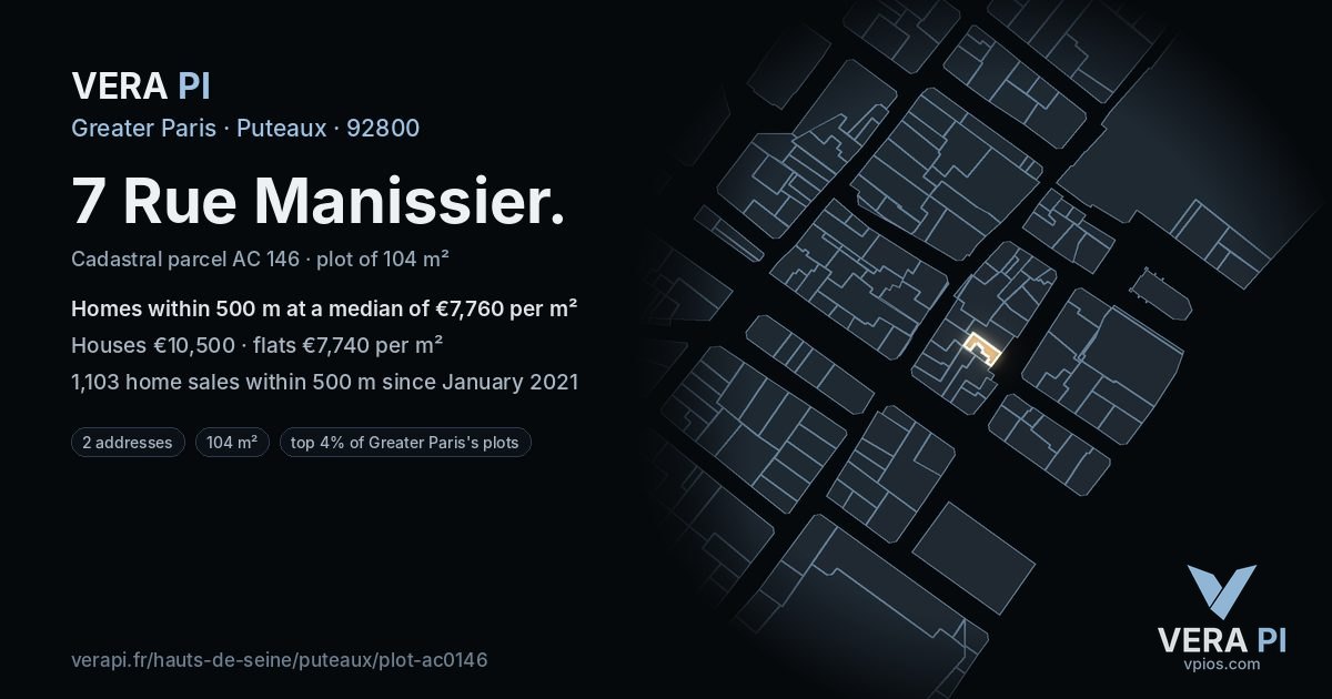 7 Rue Manissier, Puteaux at night – the plot lit, the parcels around coloured by the prices near them
