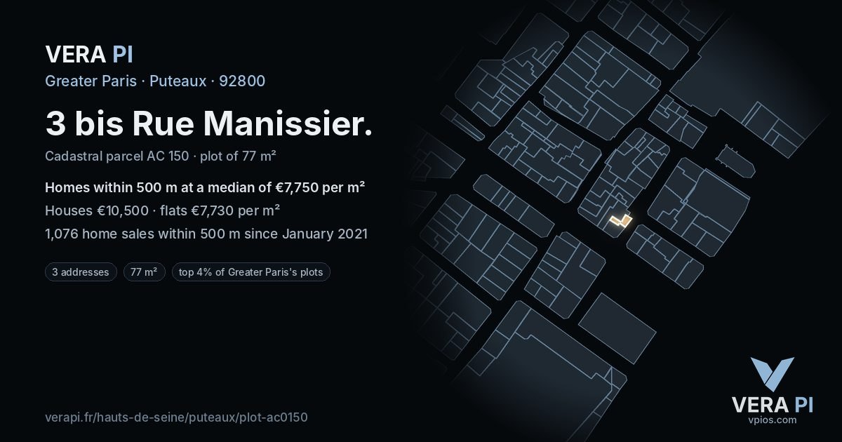 3 bis Rue Manissier, Puteaux at night – the plot lit, the parcels around coloured by the prices near them