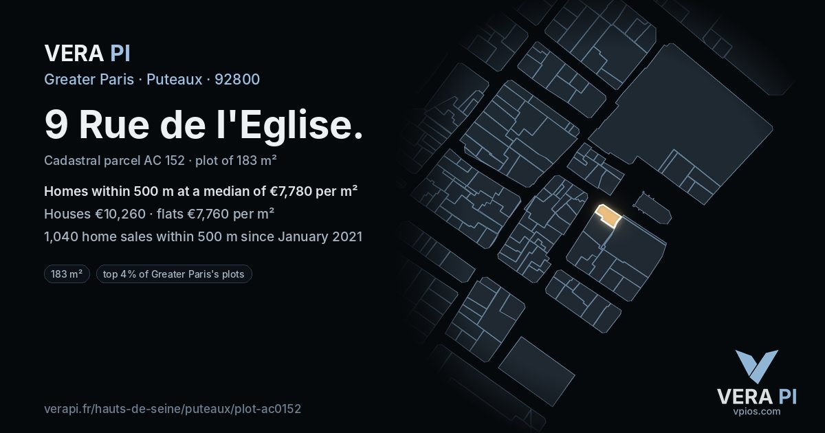 9 Rue de l'Eglise, Puteaux at night – the plot lit, the parcels around coloured by the prices near them