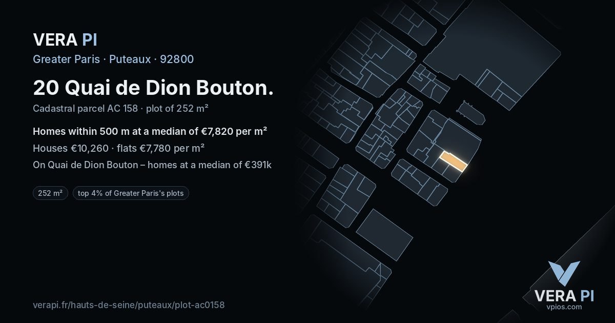20 Quai de Dion Bouton, Puteaux at night – the plot lit, the parcels around coloured by the prices near them