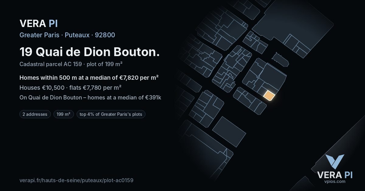 19 Quai de Dion Bouton, Puteaux at night – the plot lit, the parcels around coloured by the prices near them