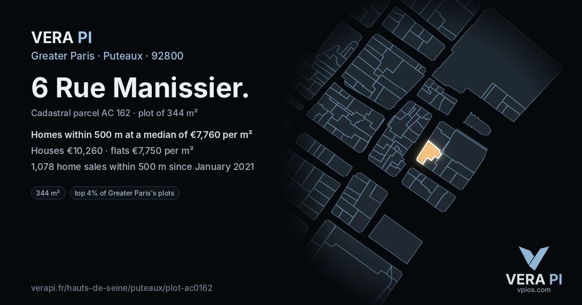 6 Rue Manissier, Puteaux at night – the plot lit, the parcels around coloured by the prices near them