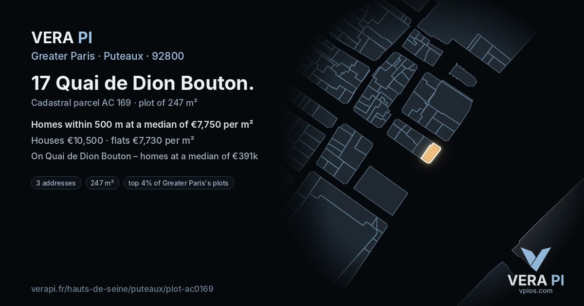 17 Quai de Dion Bouton, Puteaux at night – the plot lit, the parcels around coloured by the prices near them