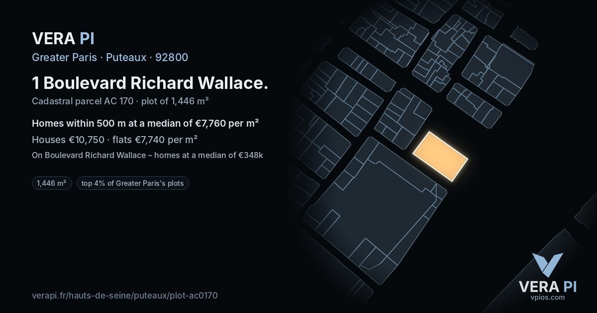 1 Boulevard Richard Wallace, Puteaux at night – the plot lit, the parcels around coloured by the prices near them