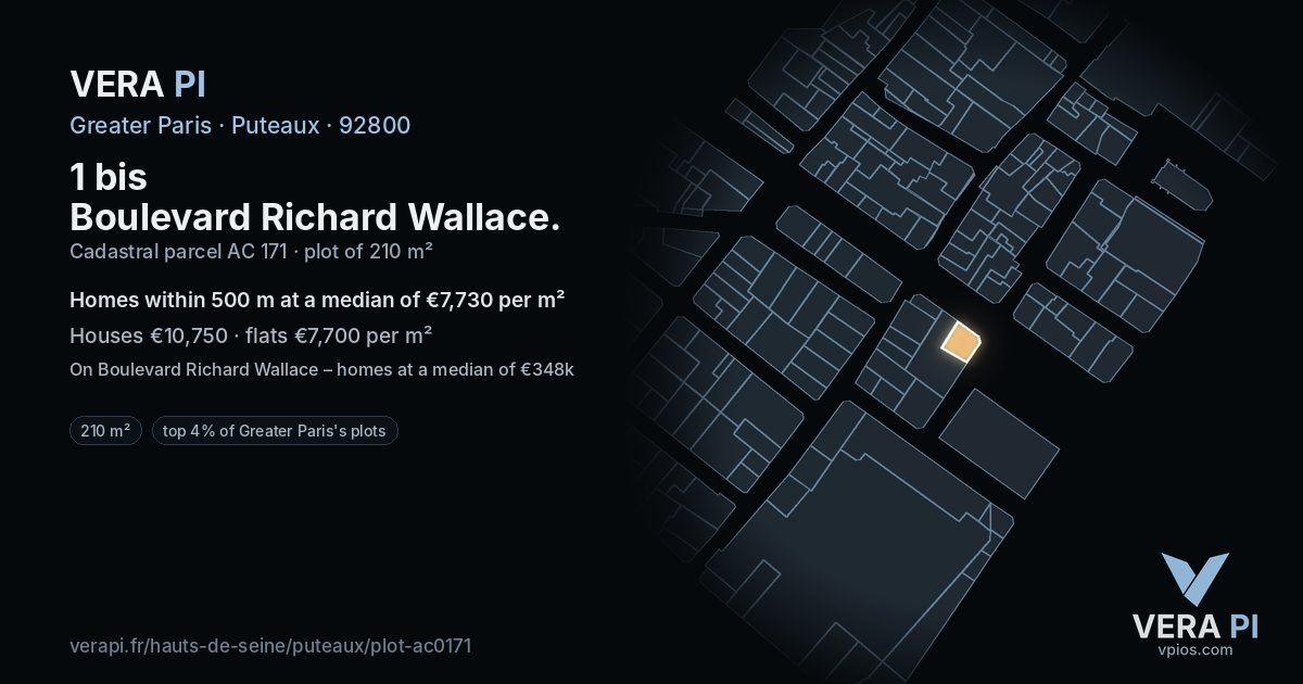 1 bis Boulevard Richard Wallace, Puteaux at night – the plot lit, the parcels around coloured by the prices near them